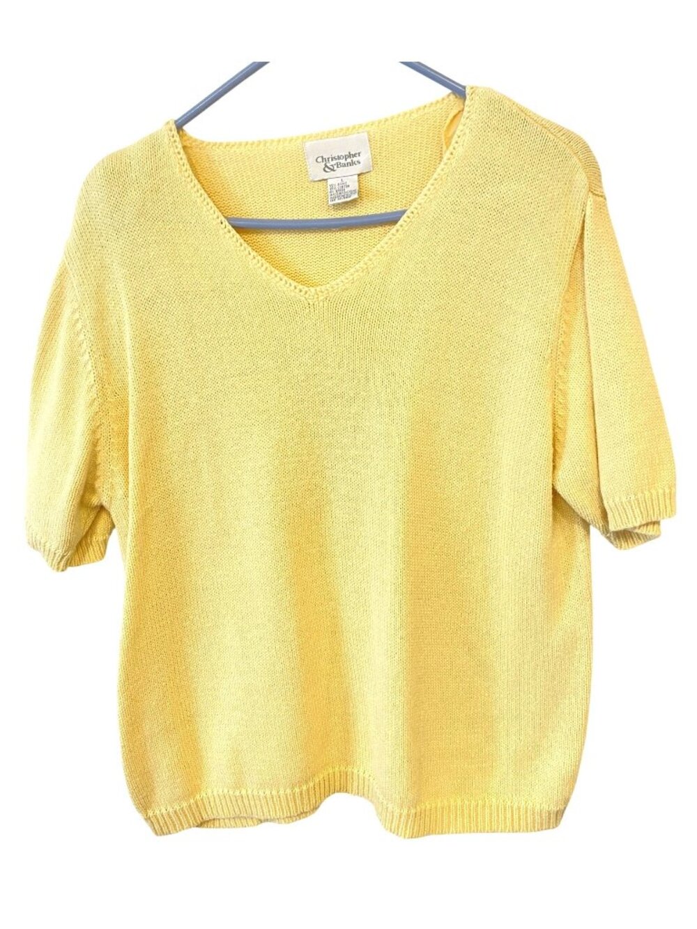 Christopher & Banks Womens L Butter Yellow V Neck Short Sleeve Knit Sweater